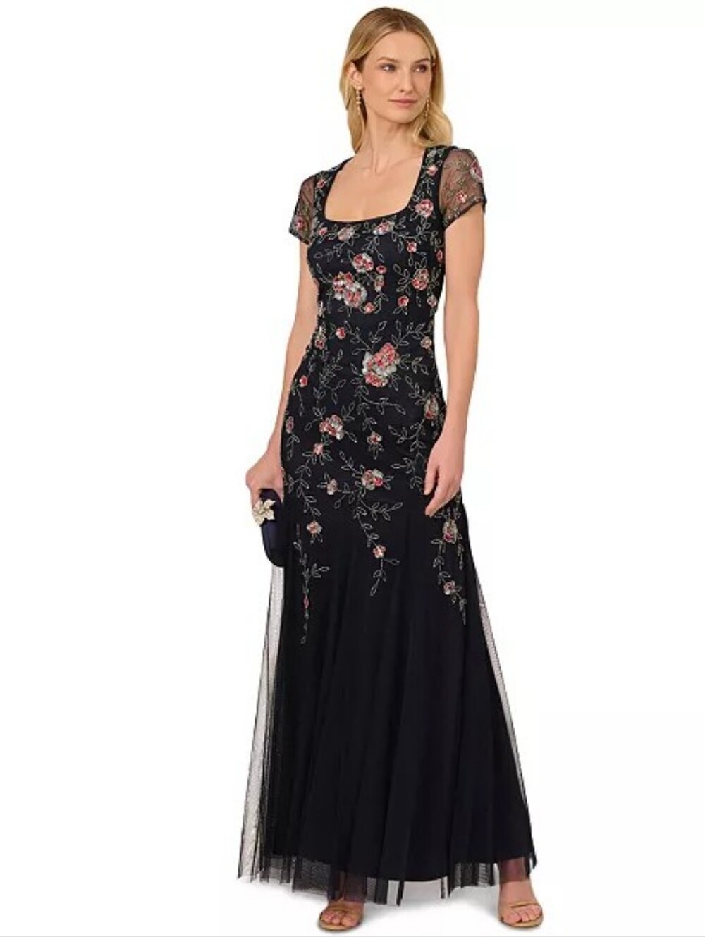 Adrianna Papell Beaded Floral Mesh Mermaid Gown NWT Size 0 | MSRP $299
